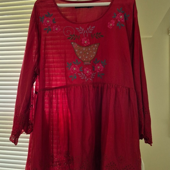 Gudrun Sjoden Tops - Gudrun Sjoden red embroidered organic cotton top XL